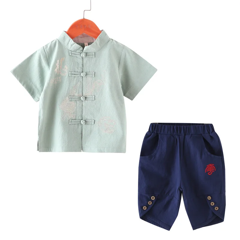 Retro Embroidery Tang Suit Boys Traditional Chinese Clothing T-Shirt+Shorts Cotton&Linen Children Clothes Set 2-10T Kids SL1037