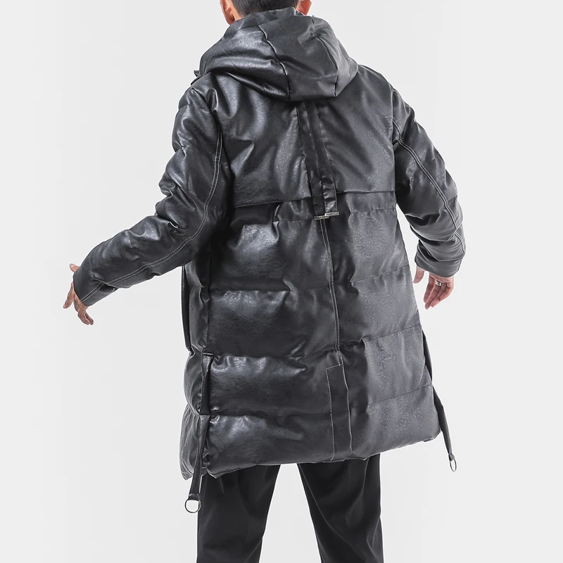 

M-4XL 5XL long hooded leather jacket men winter coat men thick parka men loose thermal mens winter jackets and coats