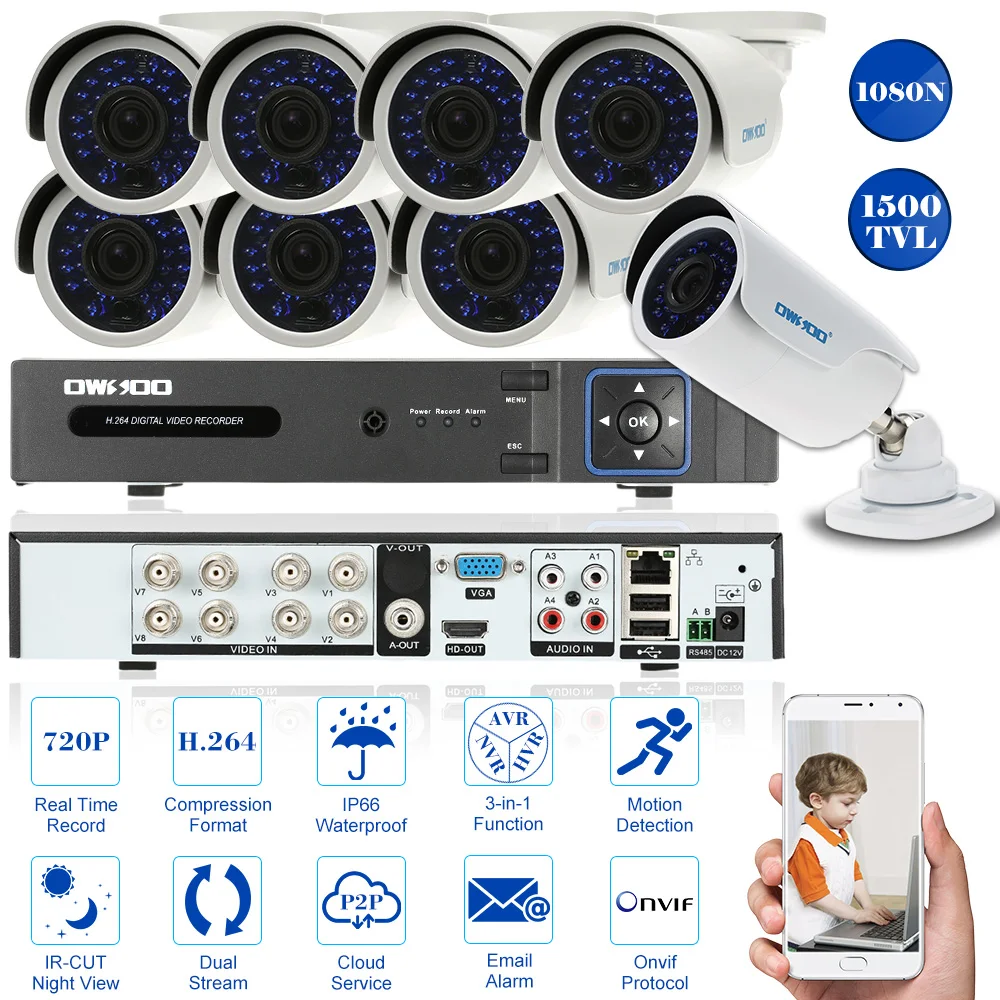 

Full 1080N/720P 8CH AHD DVR Security Camera System HDMI P2P Onvif DVR 8 pcs 1500TVL 720P Waterproof Outdoor IR PnP Camera