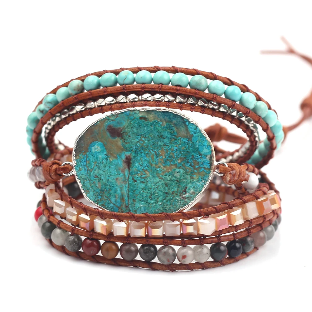 

Bohemian Boho Bracelets Vintage Leather And Natural Stone 3 Multi-layer Strands Woven handmade Wrap Bracelets Heart Charm