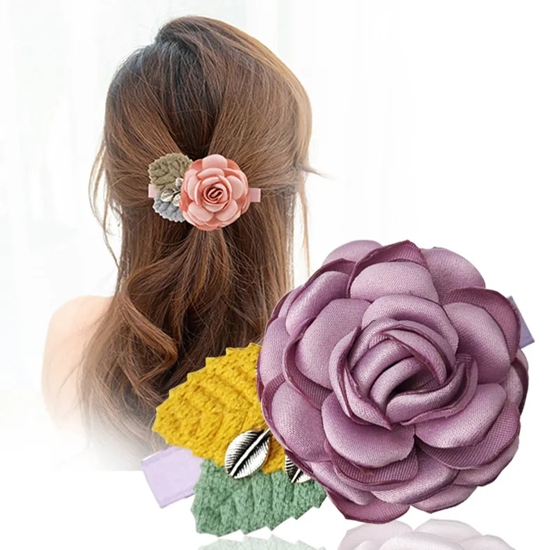 

Korean Fashion New Cloth Art Ladies Hair Clip Pink Fabric Flowers Top Head Spring Clips Sweet Adult Hair Accessories for Women