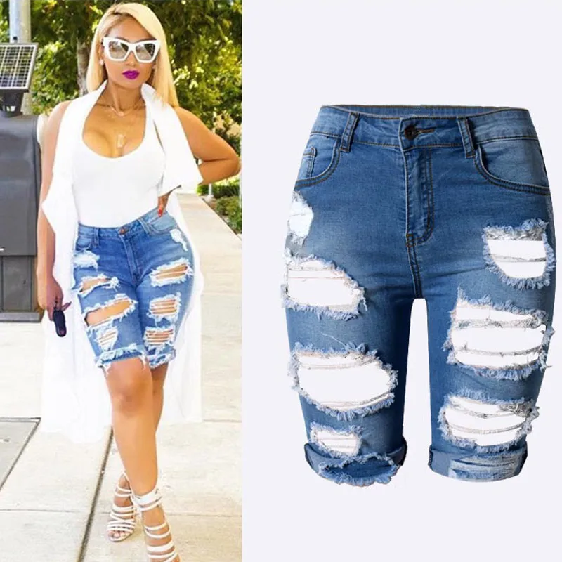 

Plus size 3XL Women's Sexy Ripped Hole Washed Distressed Midi Short Jeans Hight Waist Slim Stretchy Denim Shorts