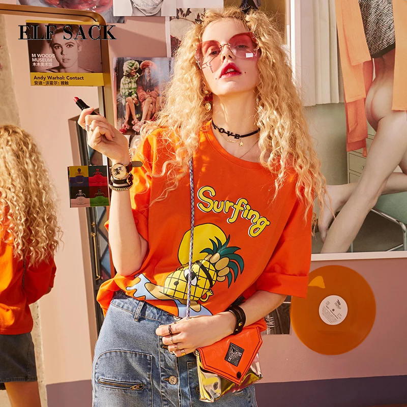 

ELF SACK Summer Pineapple Women Tee Shirts Graffiti Loose Interesting Womens Top Short Sleeve T 2 Colors Casual Kpop T-Shirts