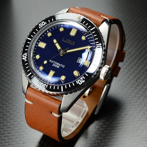 Мужские винтажные часы San Martin для дайвинга, автоматические часы из нержавеющей стали 200, водонепроницаемые часы с сапфировым стеклом - Цвет: leather starp blue