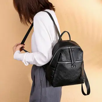 

Women New PU Leather Black Solid Color Backpack Female Ladies Shoulder Back Bag Student Girls Travel School Bags for Teenager