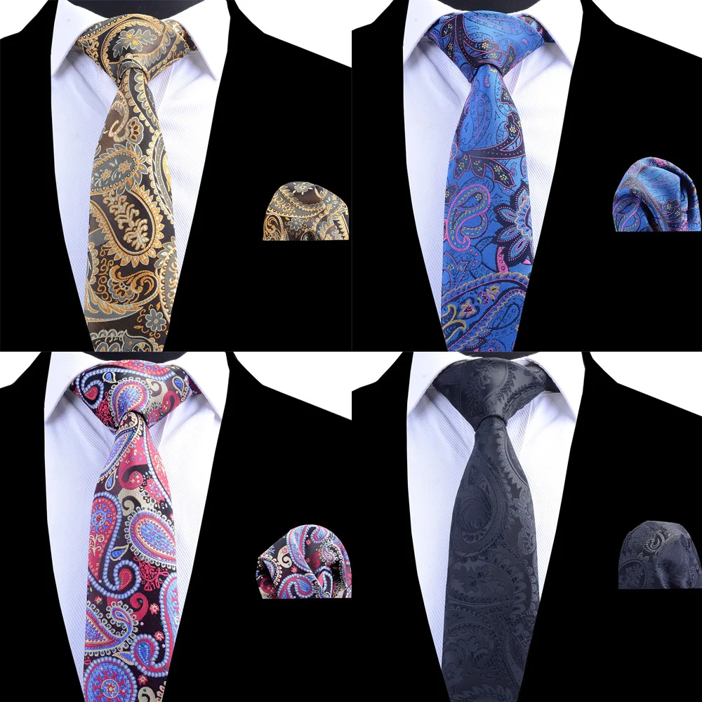 Ricnais Silk Tie for Men Black Floral Paisley Tie and Handkerchief Set Man's Ties Corbatas Hombre Pocket Square Wedding Necktie