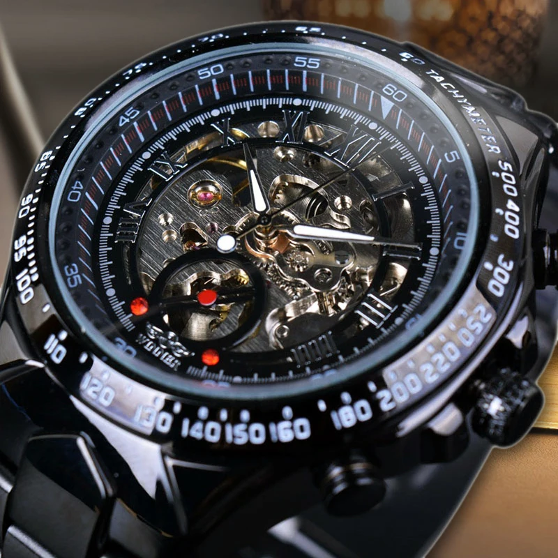 

Winner Black Dial Stainless Steel Horloge Watches Men Luxury Automatic Skeleton Mechanical Watch Male Military Wristwatch