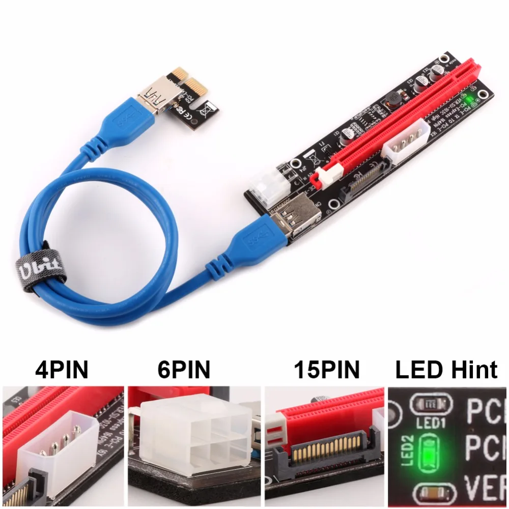 

Ubit VER103C 3in1 LED Riser Power PCI-E Riser Card 4pin 6pin Sata 15PIN PCI Express 1X to 16X Extension Cable for Bitcoin Miner