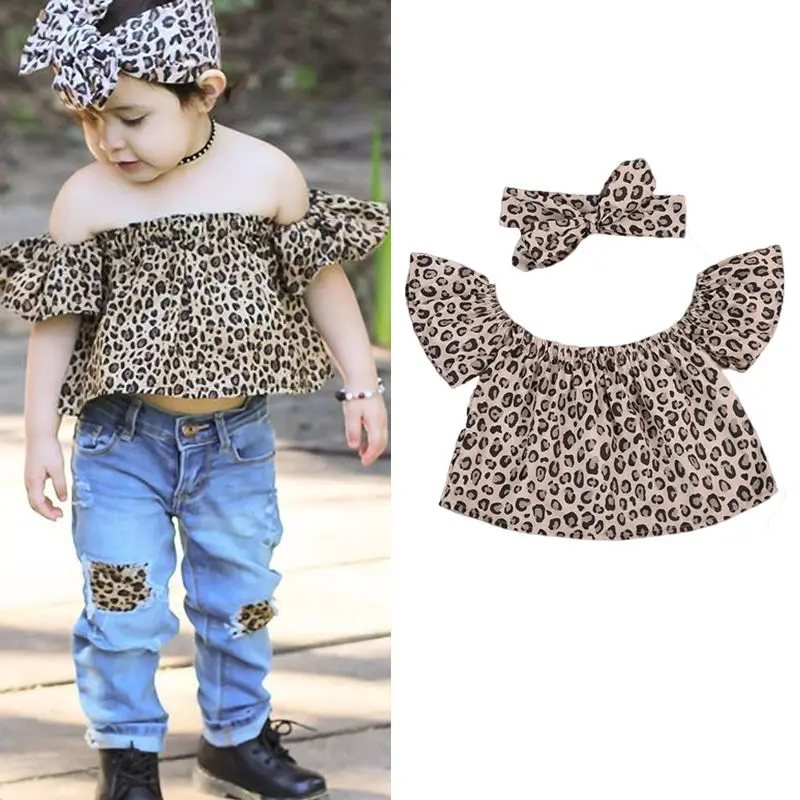 

Little Girls Summer Leopard Off-shoulder Flare Sleeve Clothing Set Toddler Girl Off shoulder Top+Headband 2PCS Outfit Clothes