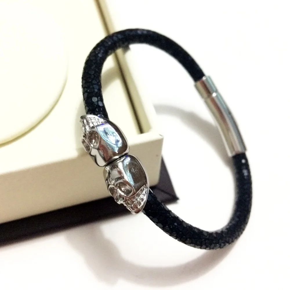 Northskull браслеты из нержавеющей стали с двумя черепами браслеты для мужчин и женщин браслет из натуральной кожи ската ювелирные изделия подарок - Окраска металла: black silver