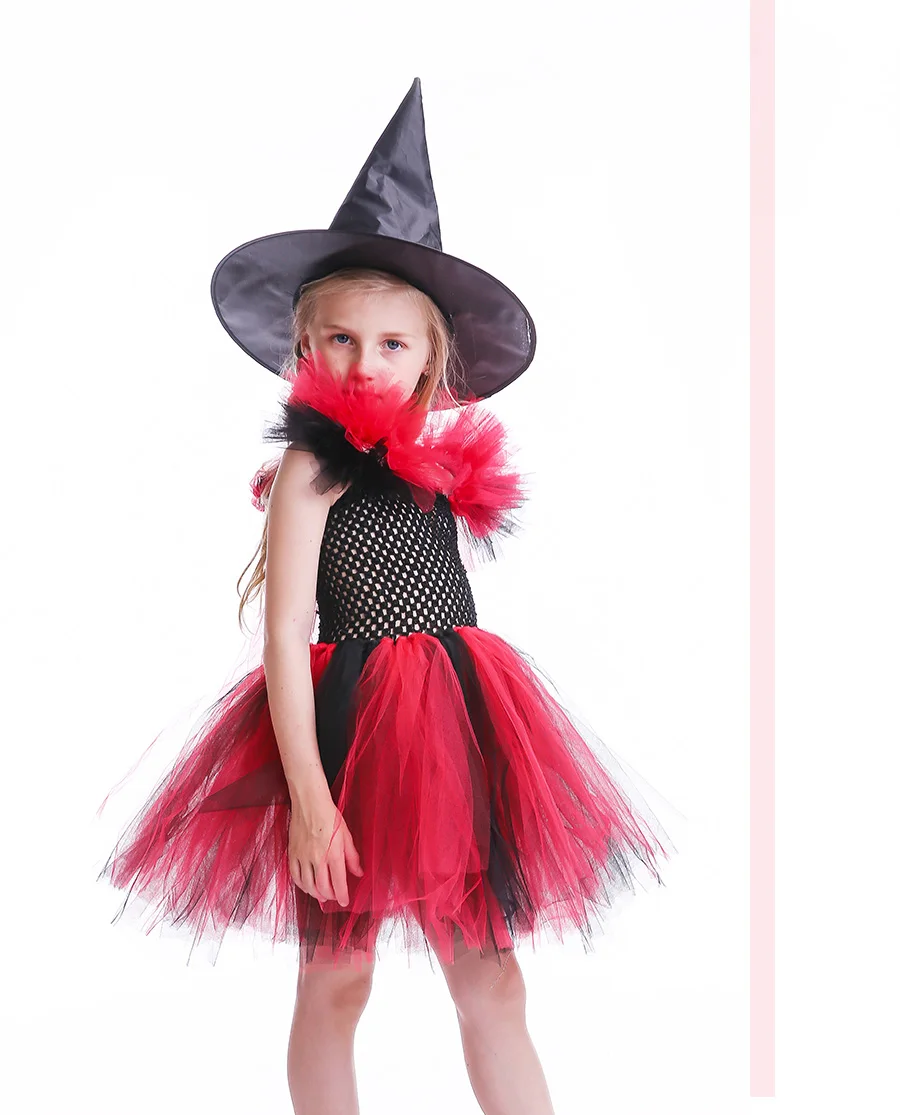 Evil Witch Girls Tutu Dress Kids Halloween Birthday Party Costume Bad Queen Princess Tutu Dress with witch Hat Photo Props (7)
