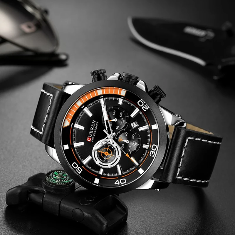 Men's Chronograph Analog Top Luxury Brand Quartz Watch with Date Hands Waterproof  Leather Strap Wristwatch for Man Clock