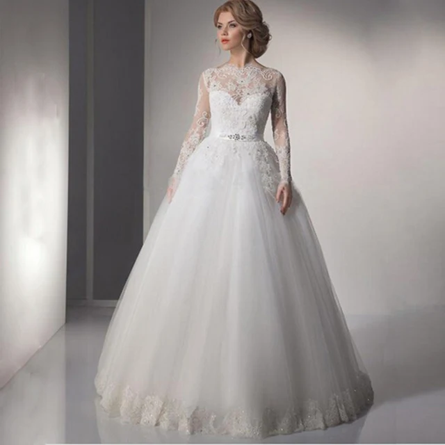 modesto una línea de novia de encaje de manga larga vestidos de 2016