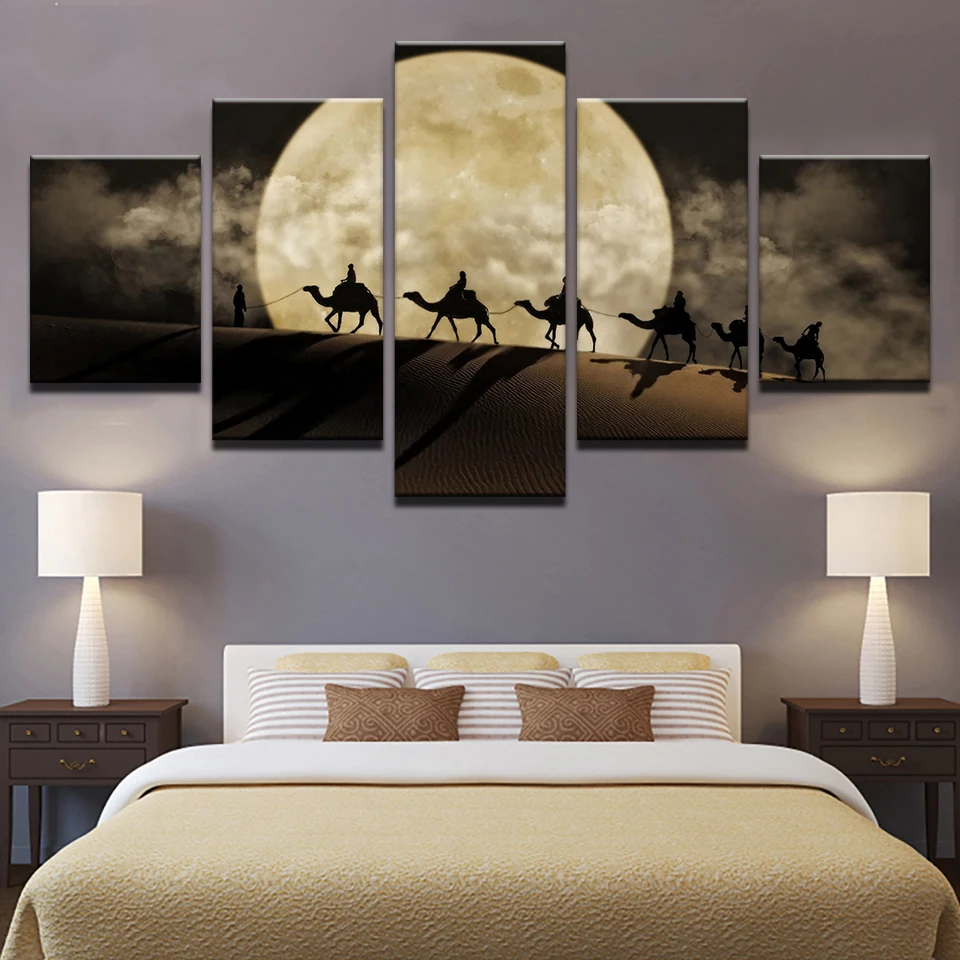 Modern Wall Art Canvas Pictures HD Prints Home Decor Living Room Frame 5 Pieces Camel Team Poster Full Moon In Desert Paintings | Дом и сад
