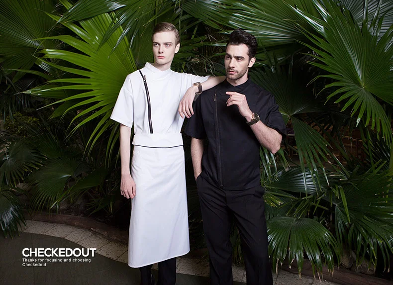 New arrival summer short sleeve cool chef coat for restaurant and hotel kitchen quality zip closure chef jacket black and white