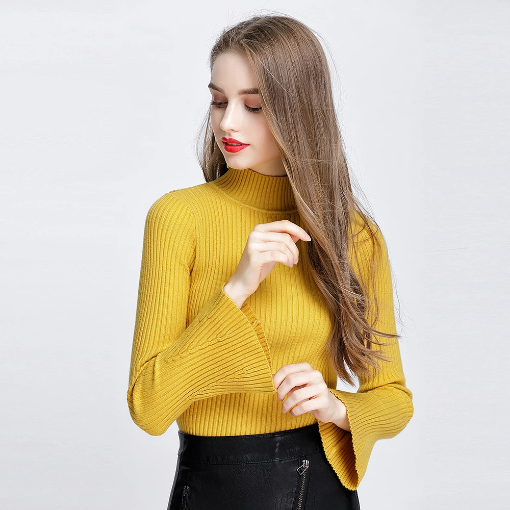 

Autumn Winter Women Sweaters And Pullovers 2017 Thick Elegant Turtleneck Brief Slim Flare Sleeve Knitted Sweater Pull Femme 1948