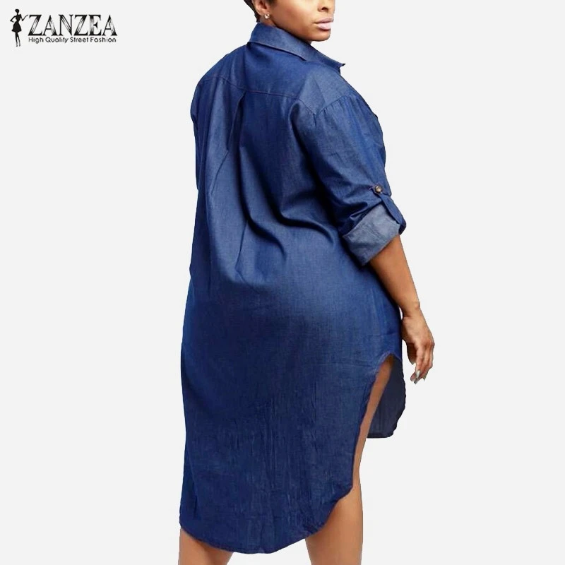 Oversized Dress 2019 Spring Autumn ZANZEA Women Denim Vintage Lapel Long Sleeve Irregular Hem Long Jeans Blouse Shirt Plus Size
