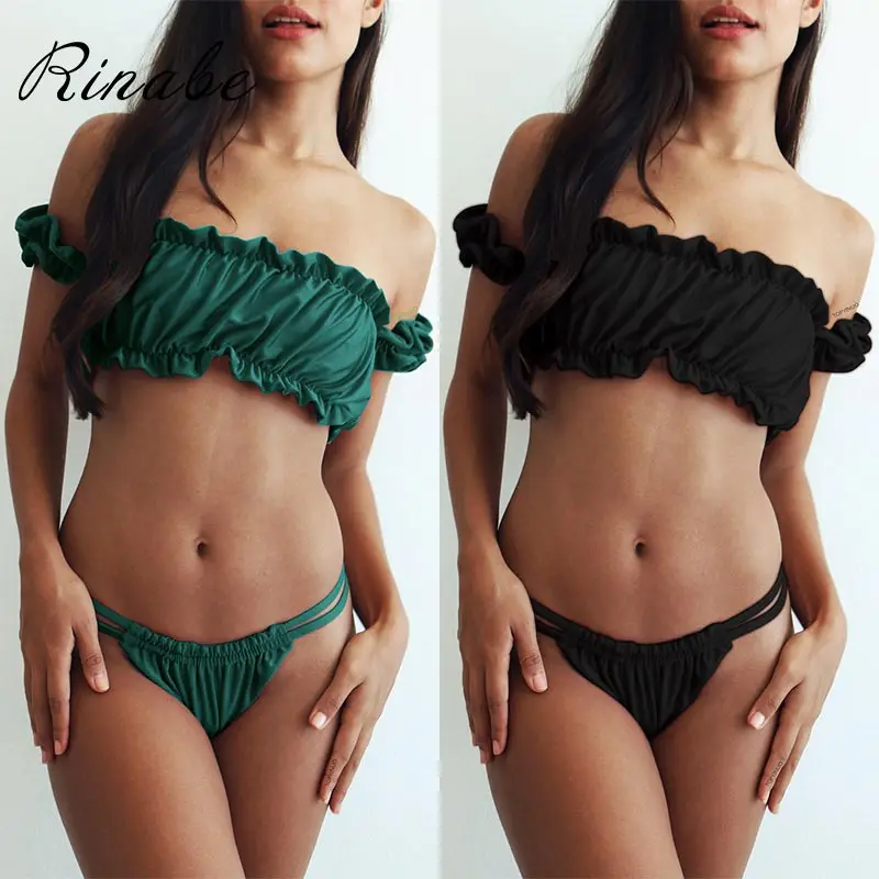 

Rinabe Sexy Leopard Bikini Bandeau Thong Biquini Off Shoulder Swimsuit Solid Lace Bathing Suit Women Halter Bikini Set Swimwear