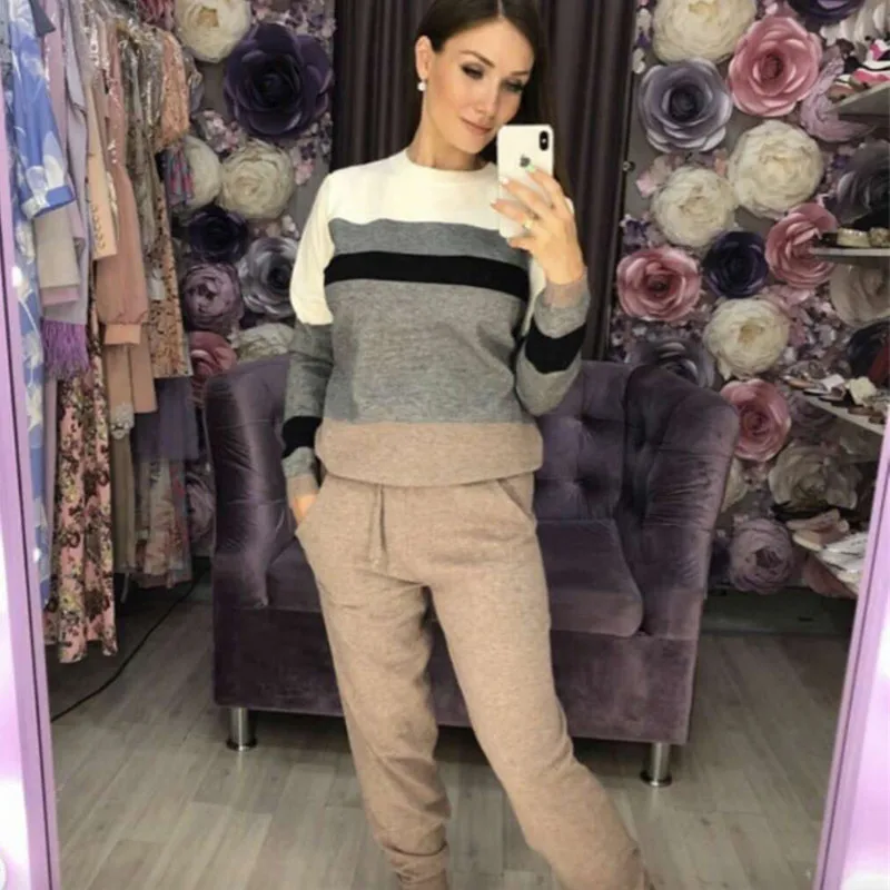 Pantalon Femme 2019 Femmes pièce gris cou Décontracté Pièce rose Couleur Réel Printemps Plein Couture Bande Orange D'o pu Pull 2 Costume Tricot Deux Ciel Survêtement HXXqwPrx