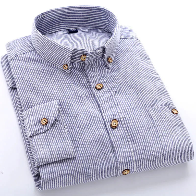 2017 Men's Long Sleeve Striped Oxford Dress Shirt Chest Pocket Cotton