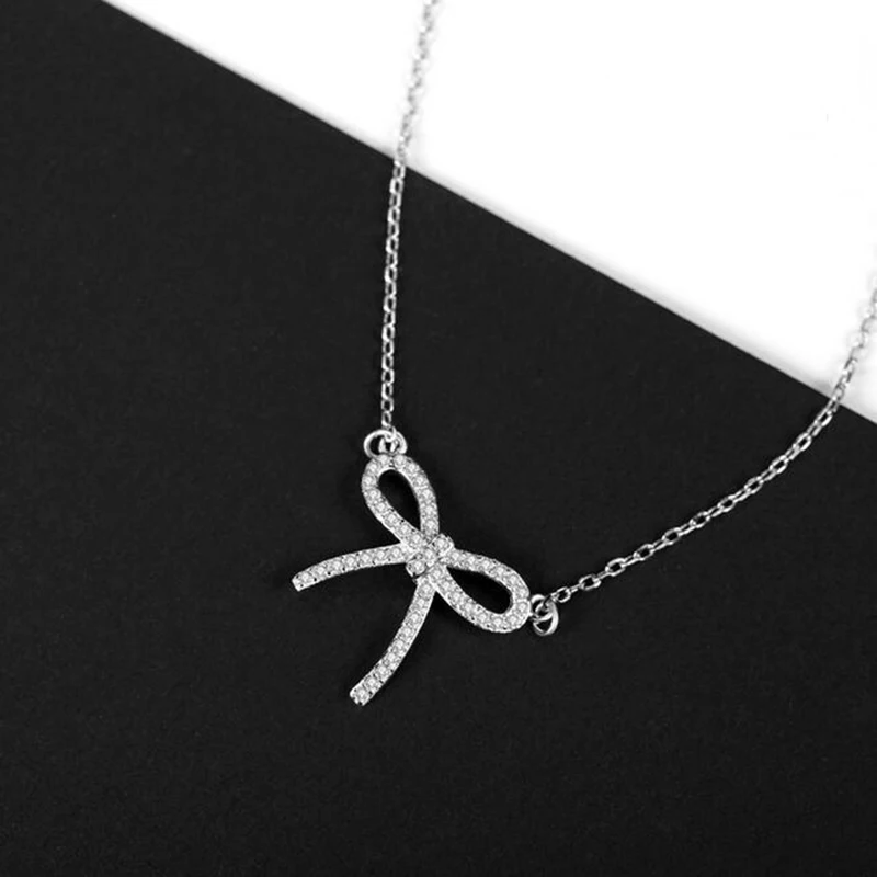 

Real 925 Sterling Silver Choker Necklace Simple Design Bow with AAA+ cubic zirconia Necklace for Women