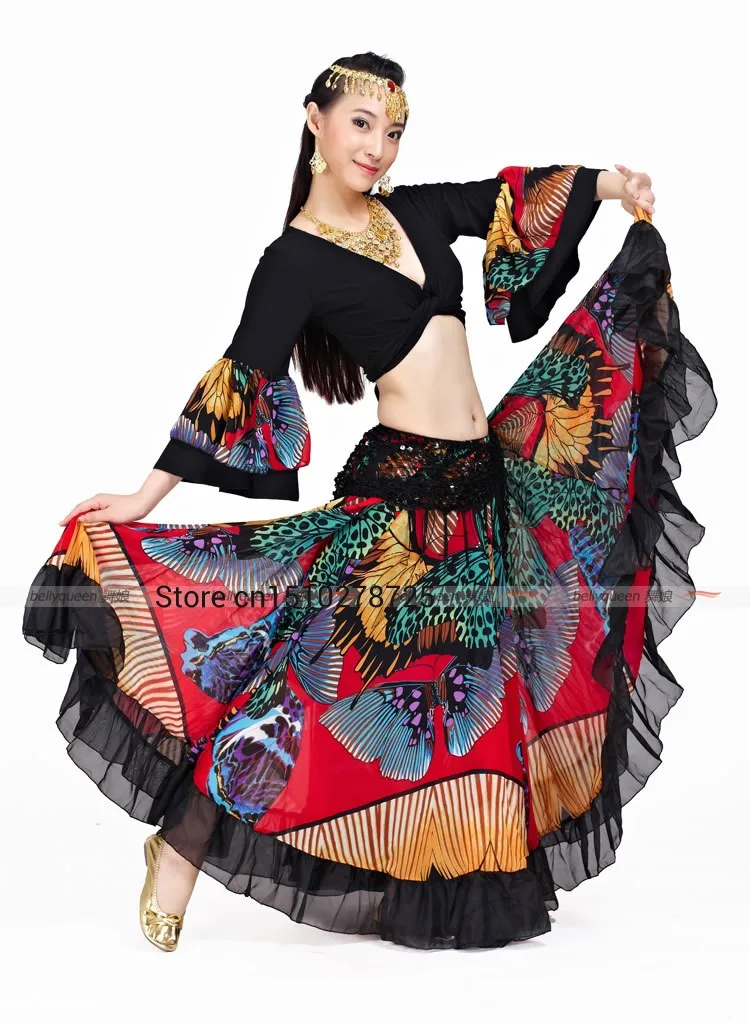 720 градусов Племенной танец живота представление цыганская одежда с принтом бабочки фламенко одежда для женщин прозрачные шифоновые юбки