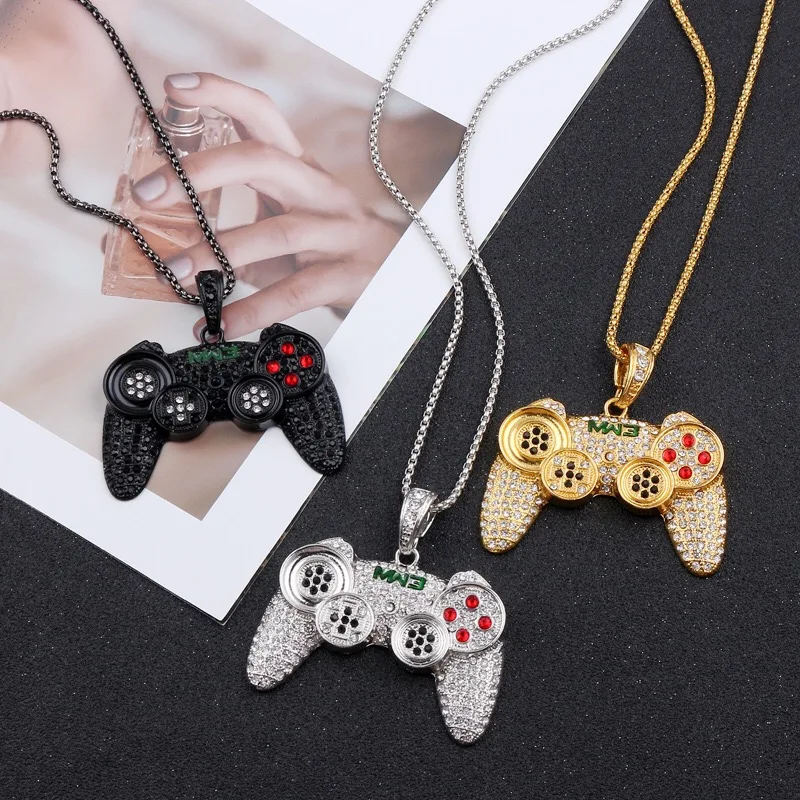 

Hip Hop Game Machine Handle Necklace Pendant Mens Full Crystal Long Chain Necklaces Fashion Game Controller Necklace Jewelry