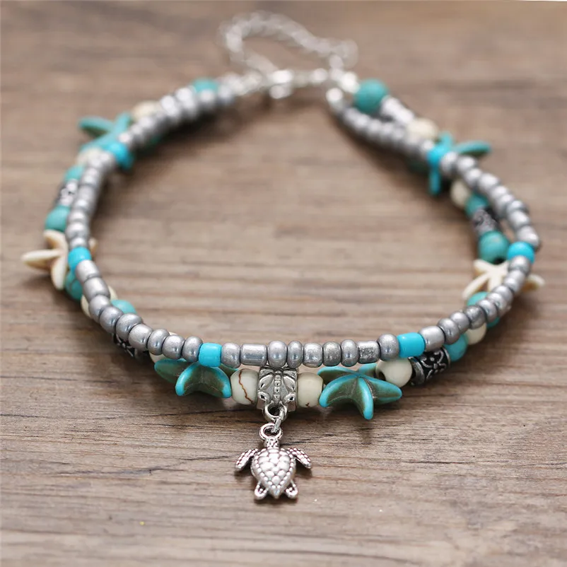 2018 NEW Beads anklets for women Double Turtle Sea Snail Sea Star Yoga Beach Foot Chain Sandals Pulseras Tobilleras J20#N (6)