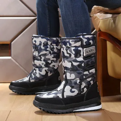 Зимние мужские Высокие угги; мужская теплая хлопковая обувь; утепленные плюшевые водонепроницаемые Нескользящие ботинки для лыжного спорта; размеры 38-47 - Цвет: gray camo