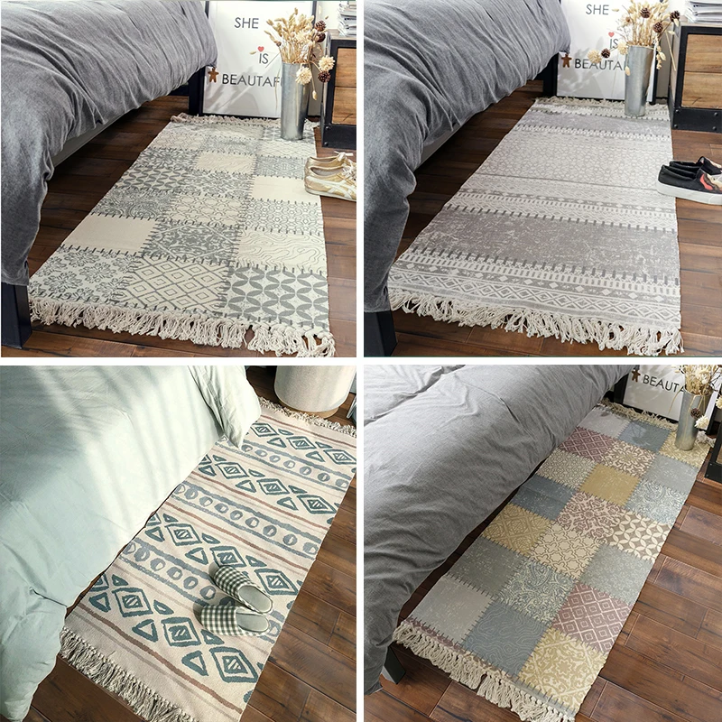Us 54 15 41 Off Printed Bedroom Bedside Carpets Rugs With Tassel Cotton Woven Bohemian Style Runner Rugs Bedspread Mat Modern Home Carpet Floor In