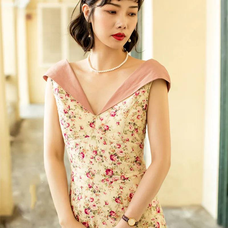 

Summer Spring Vintage Elegant Slim Women Floral Dress Ladies Retro Sweet V-Neck Sexy Backless Casual Formal Cotton Midi Dress