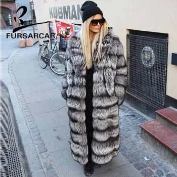 

FURSARCAR 2018 Natural Silver Fox Fur Coat With Turn-down Collar 110 CM Long Luxury Female Silver Fox Fur Jacket
