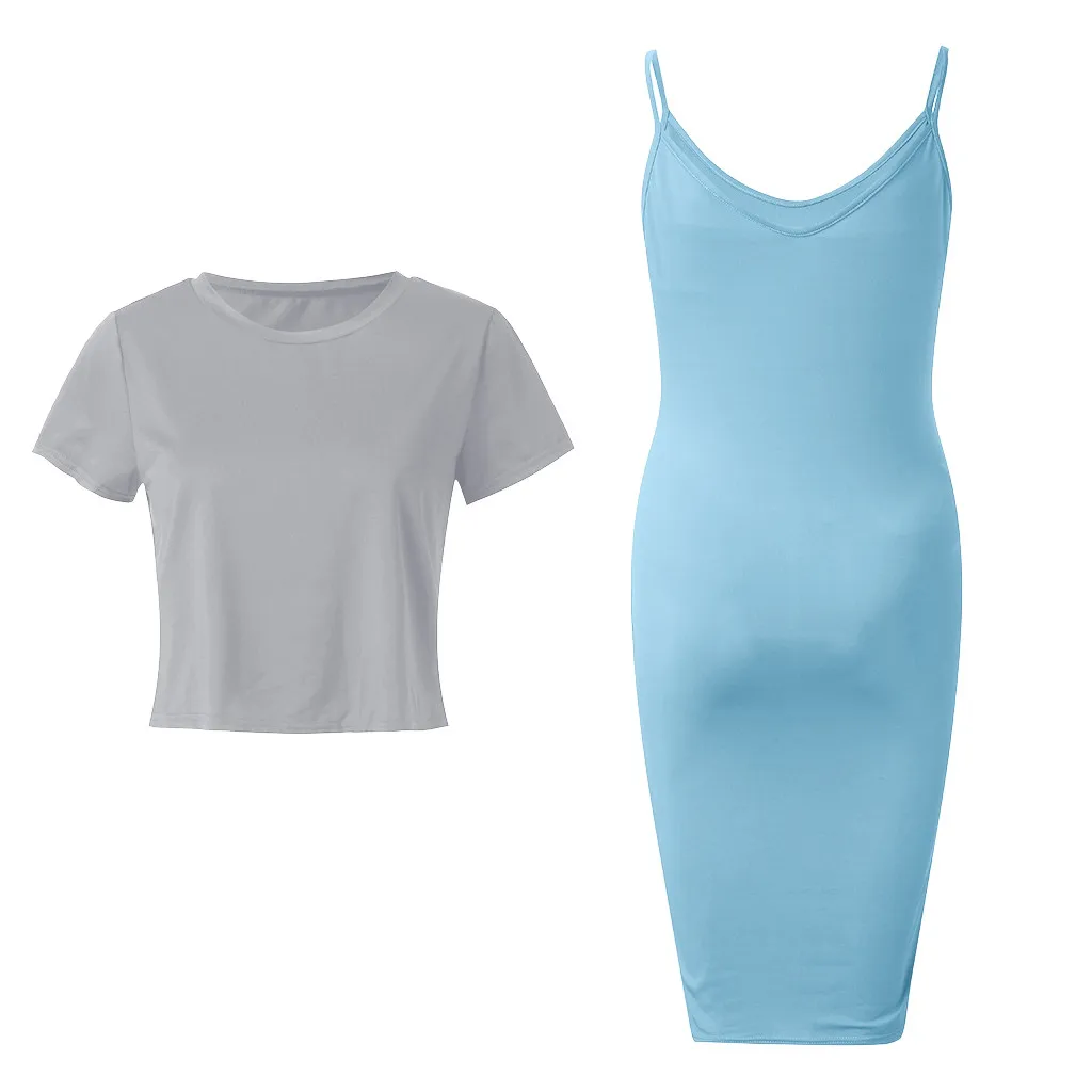 Беременность и платье, костюм из 2 предметов Для женщин Свободные для беременных с коротким рукавом О-образным вырезом Топы+ платье комплект представляет летняя одежда плюс Размеры S-5XL - Цвет: Синий