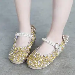 Летние тонкие туфли с золотыми блестками и бантом для девочек дышащая детская обувь для девочек с розовыми кристаллами туфли на низком
