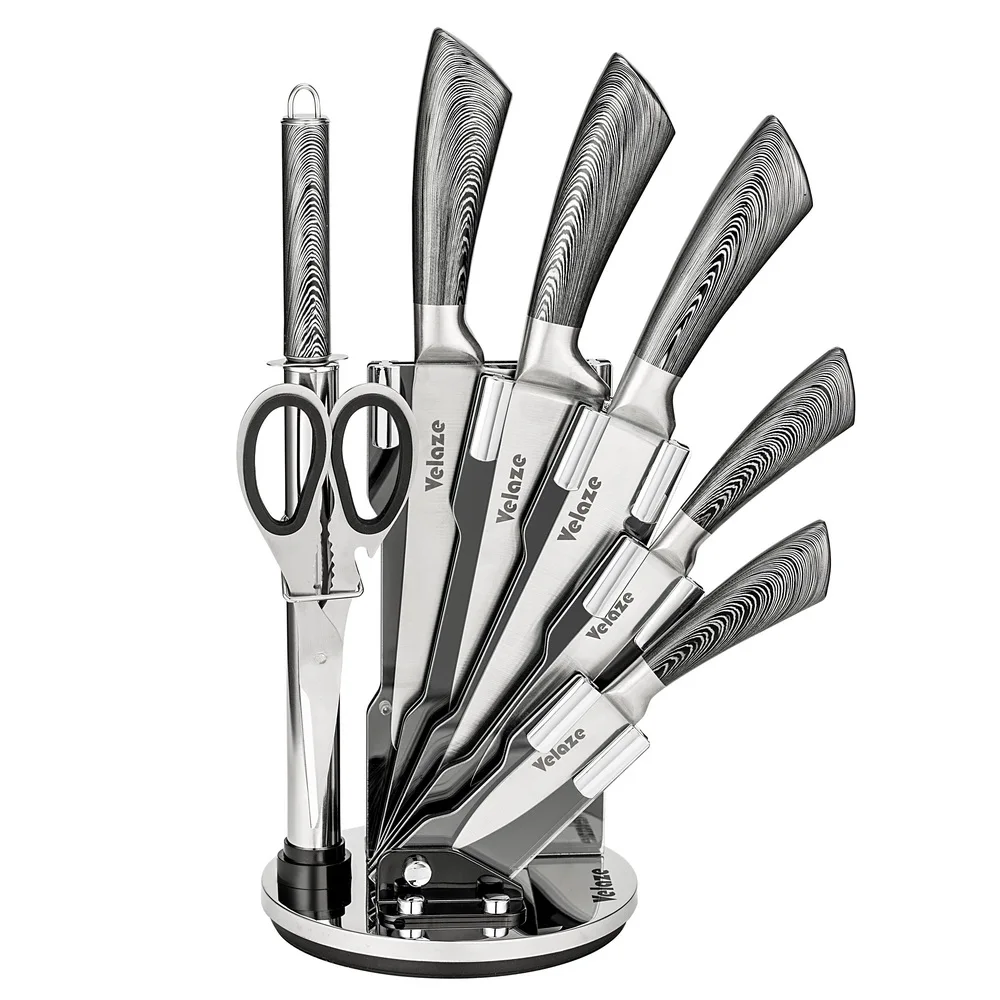 

Velaze 8 Piece Stainless Steel Kitchen Knife Set with Sharpener and Spinning Block Japanese Kitchen Knives Set Accessories