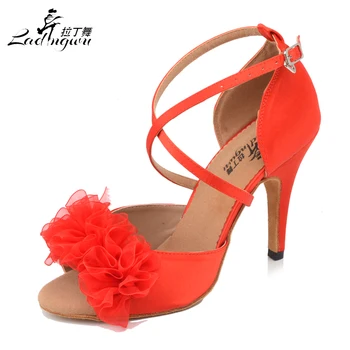 

Ladingwu New Ballroom Party Dance Shoes Women Satin Red Soft Bottom Latin Dance Shoes Woman Salsa Heel 6/7.5/8.5/10cm