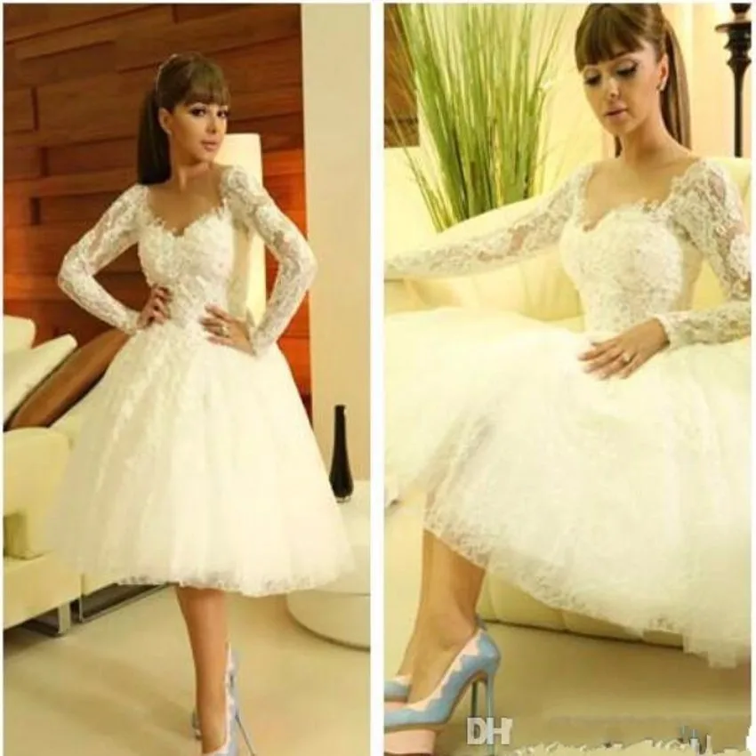 

Myriam Fares Arabic Short Wedding Dress Long Sleeves Lace Sheer White Tea-length Summer Beach wedding Party Gowns Vestidos