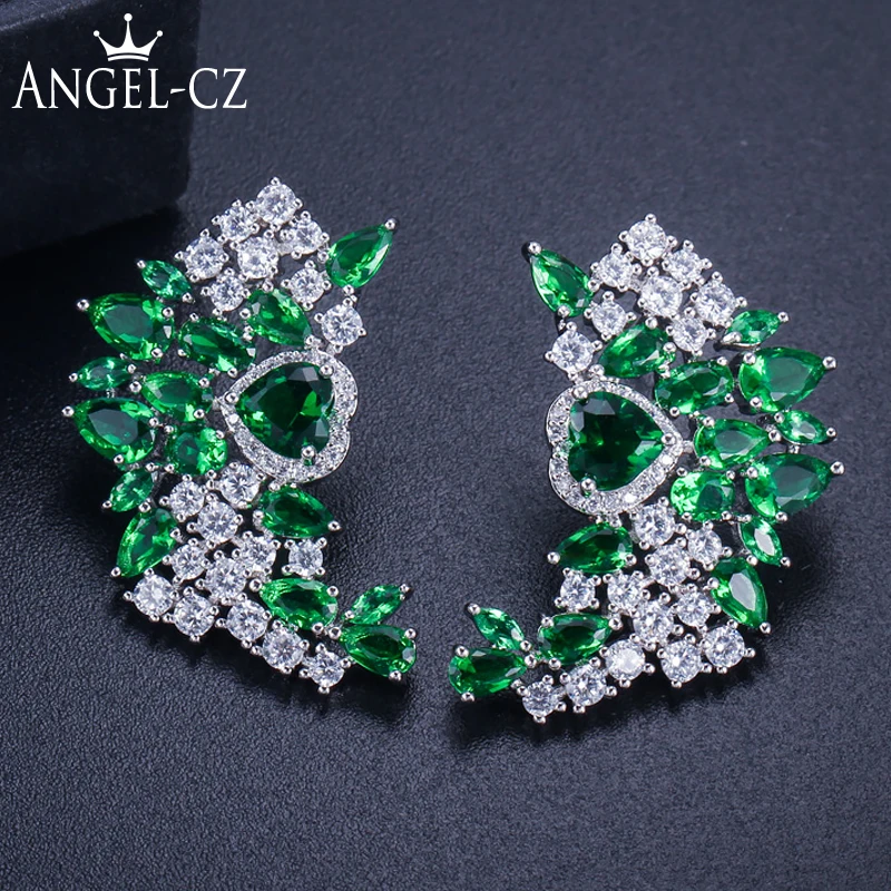 ANGELCZ Geometric Symmetrical Design Pave Heart Green Crystal Stone And White CZ Elegant Party Big Stud Earrings For Women AE225 | Украшения