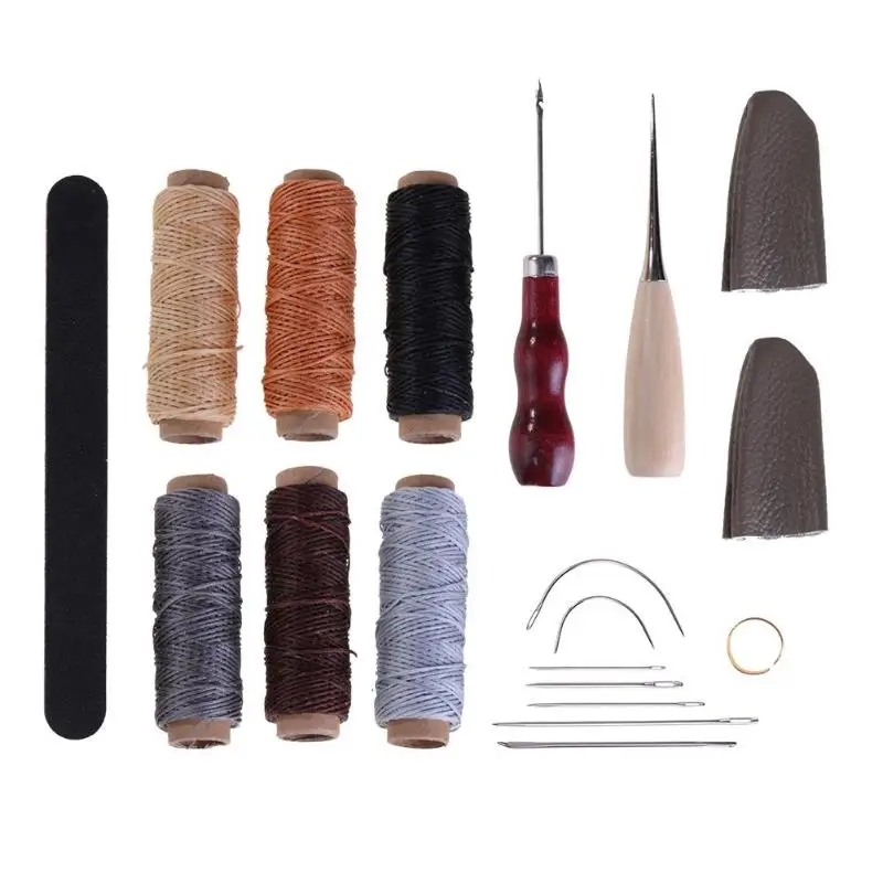 

19pcs/set Leather Craft Punch Kit Wood Handle Awl Craft Stitching Hole Waxing Lines Grinding Strip Metal Needles Punching E5M1