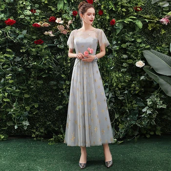 

New Arrival Grey O Neck Short sleeves Vintage Embroidery Evening Dresses 2019 Party Gowns Vestido De Festa