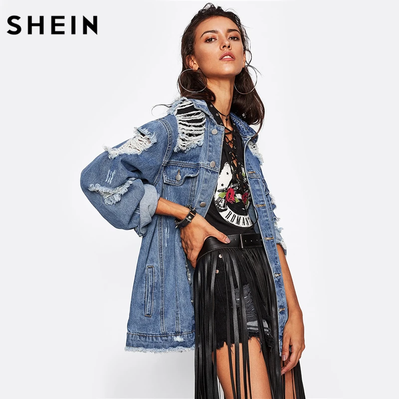 SHEIN Destroyed Boyfriend Denim Jacket Blue lapel Fall Jackets Women Single Breasted Casual Womens Jackets and Coats