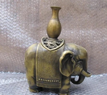 

004502 China Vintage Copper Bronze handwork carved Elephant Incense burner statue
