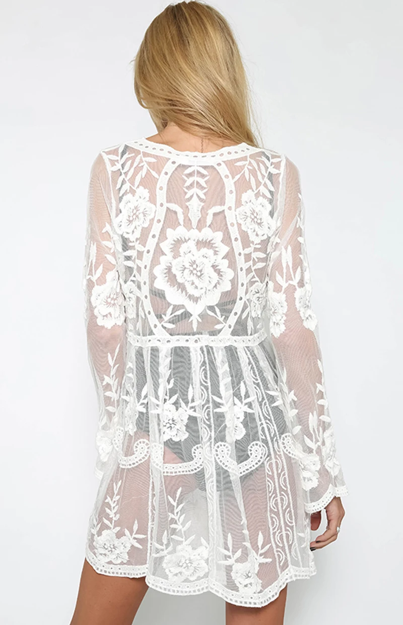 2017 летнее кружевное пляжное платье с длинным рукавом ажурное парео для