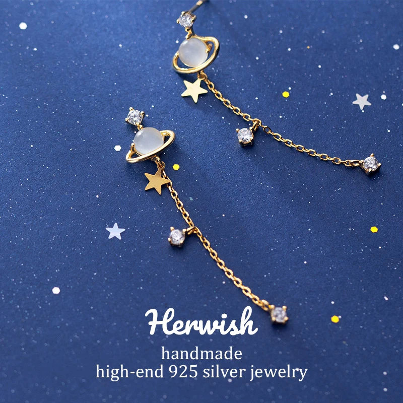 Herwish Дизайн Kawaii звезда планета опал камень серьги с бахромой висячие серьги 925 пробы серебро ручной работы Модные женские ювелирные изделия