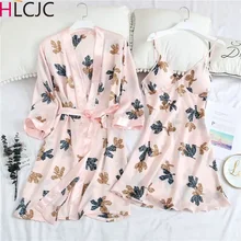 Новое поступление, женский халат, комплект из 2 предметов, шелковый халат для женщин, кимоно, банное платье, повседневный цветочный принт, ночное белье, сексуальная одежда, костюм