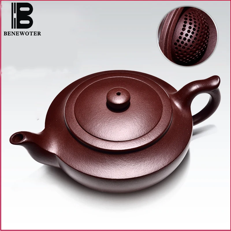 

240ml Yixing Tea Pot Zisha Old Purple Mud Han Flat Pot Famous Full Handmade Kung Fu Tea Filter Teapot 188 Holes Water Out Kettle