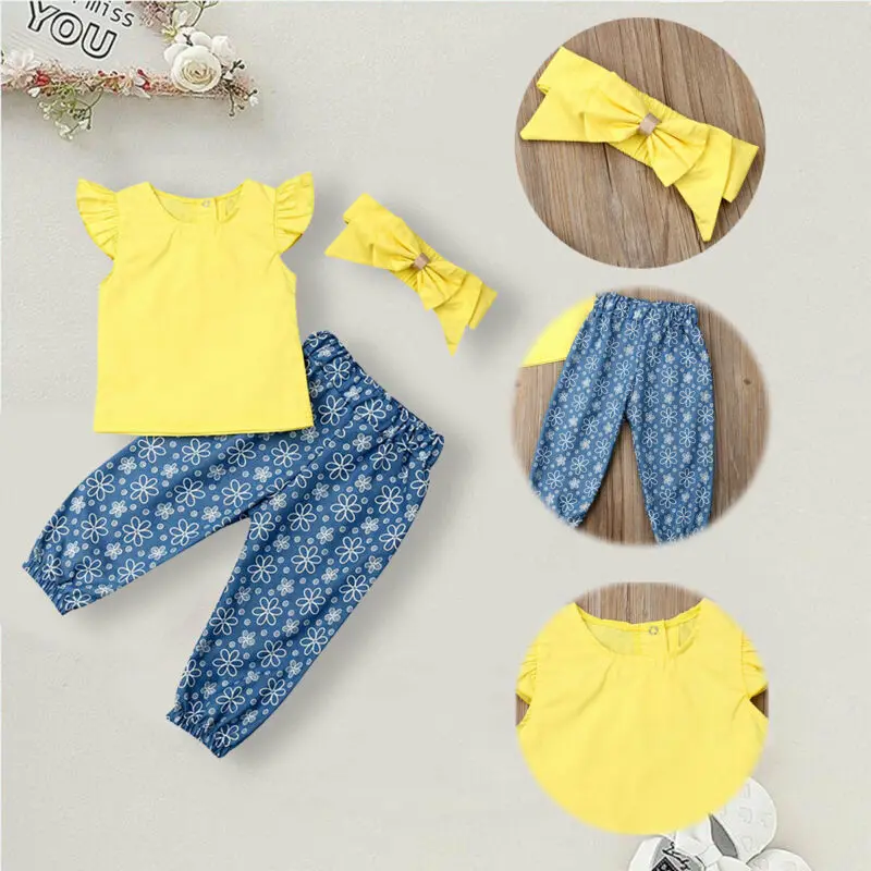 

US Sweet Toddler Baby Girls 12M-4T Sunsuit Fly-Sleeve Tops Pants Headband Clothes 3PCS