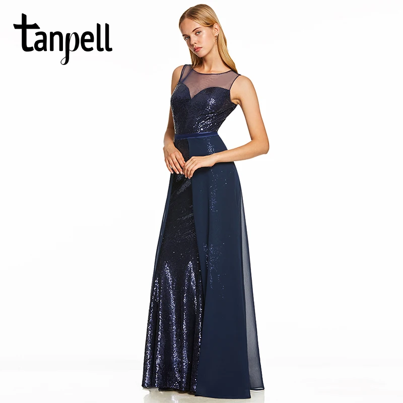 Tanpell вечернее платье с блестками темно-васильковое без рукавов трапециевидной формы длиной до пола платья для женщин совок Формальное выпускное длинное вечернее платье