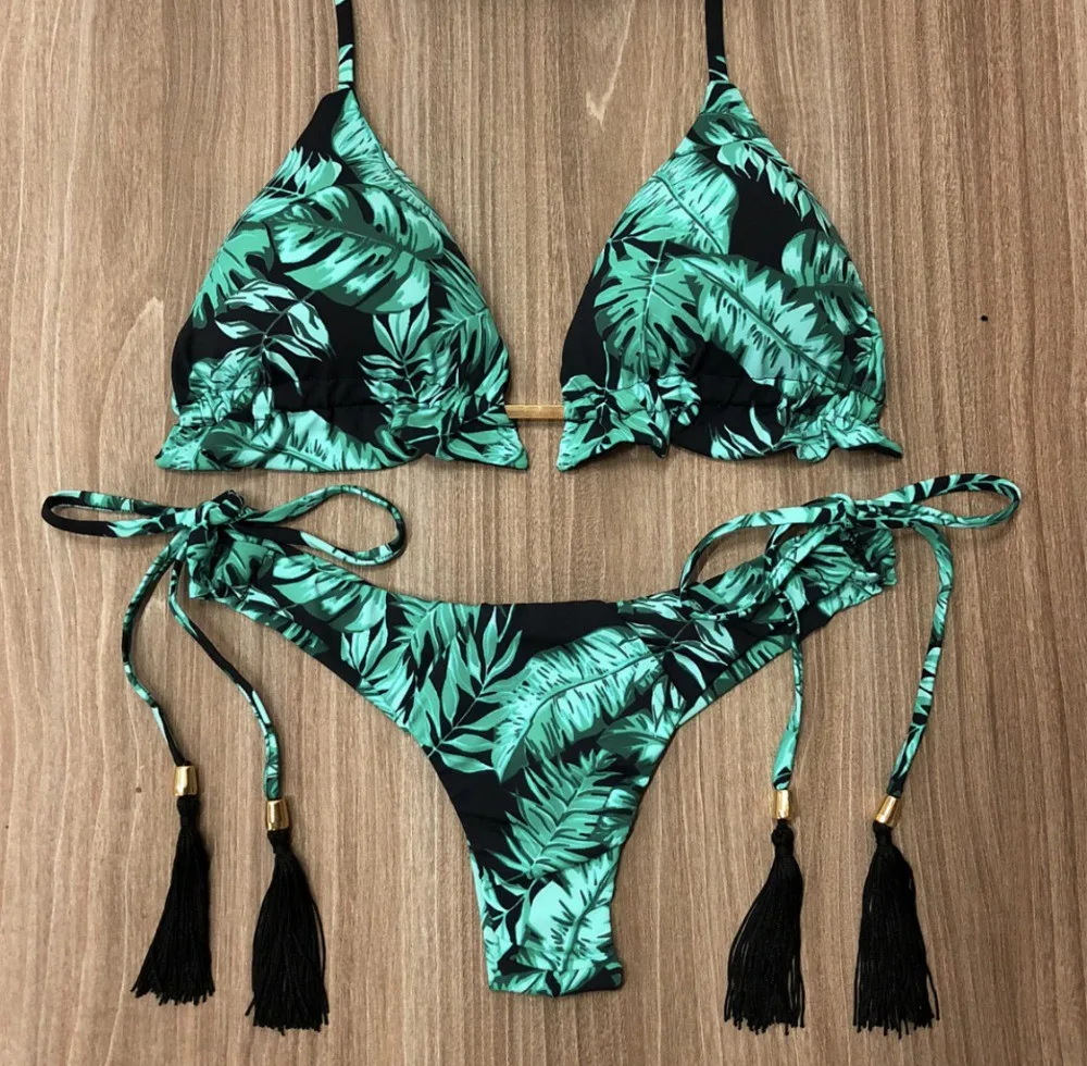 

Feshion Womens Sexy Bikini Set Hot Stamp Sport Swimwear Push-Up Padded Swimsuit bow-knot two pieces High cut micro bikini