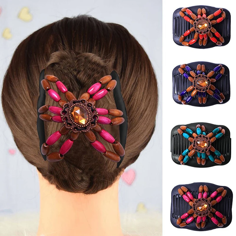 New Double Bead Hair Comb Retro Magic Hair Clip Elastic Beads Hairpin
